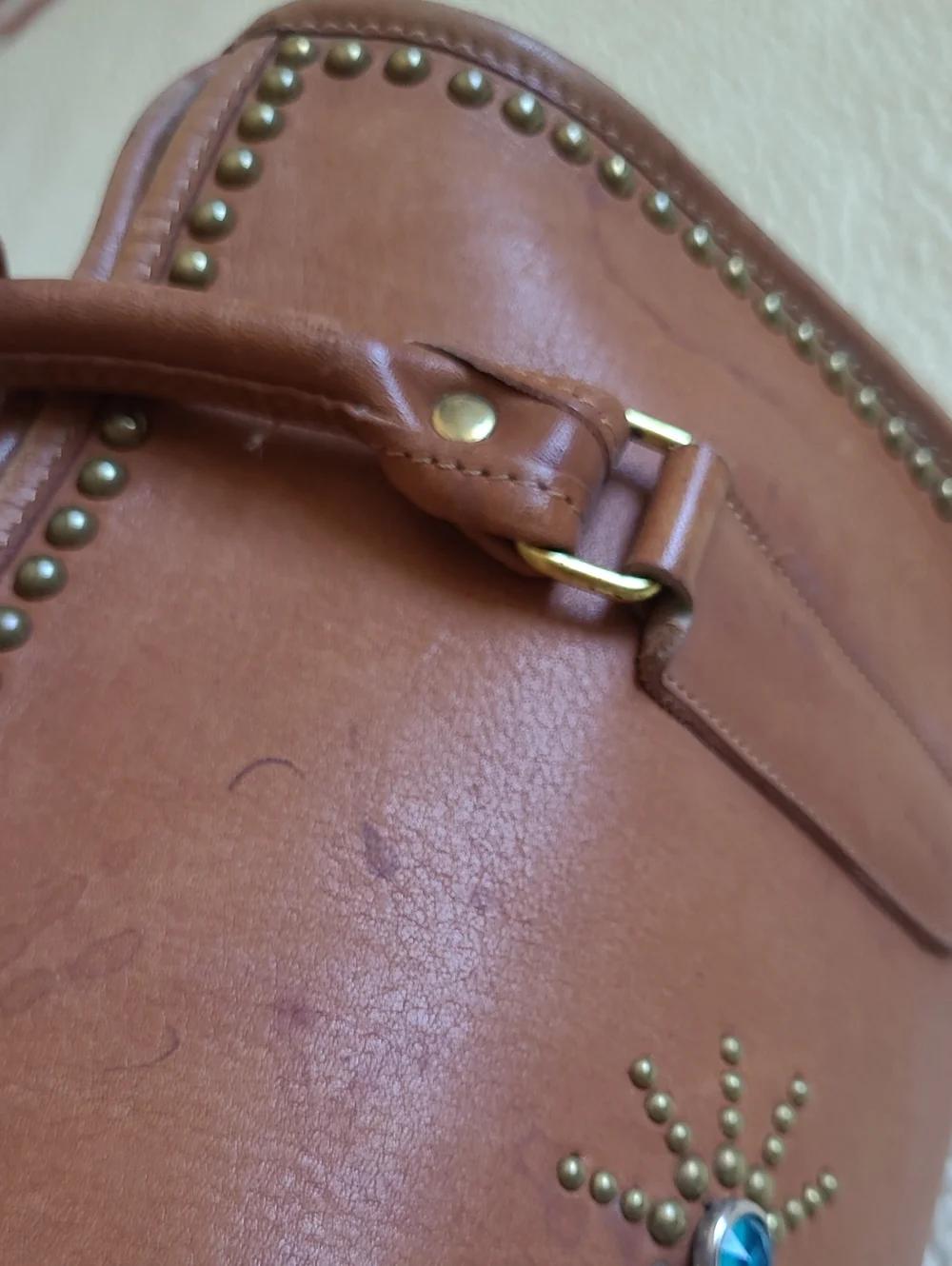 Coach Tan Leather Satchel with Turquoise Sunburst Accent - Picture 8 of 16